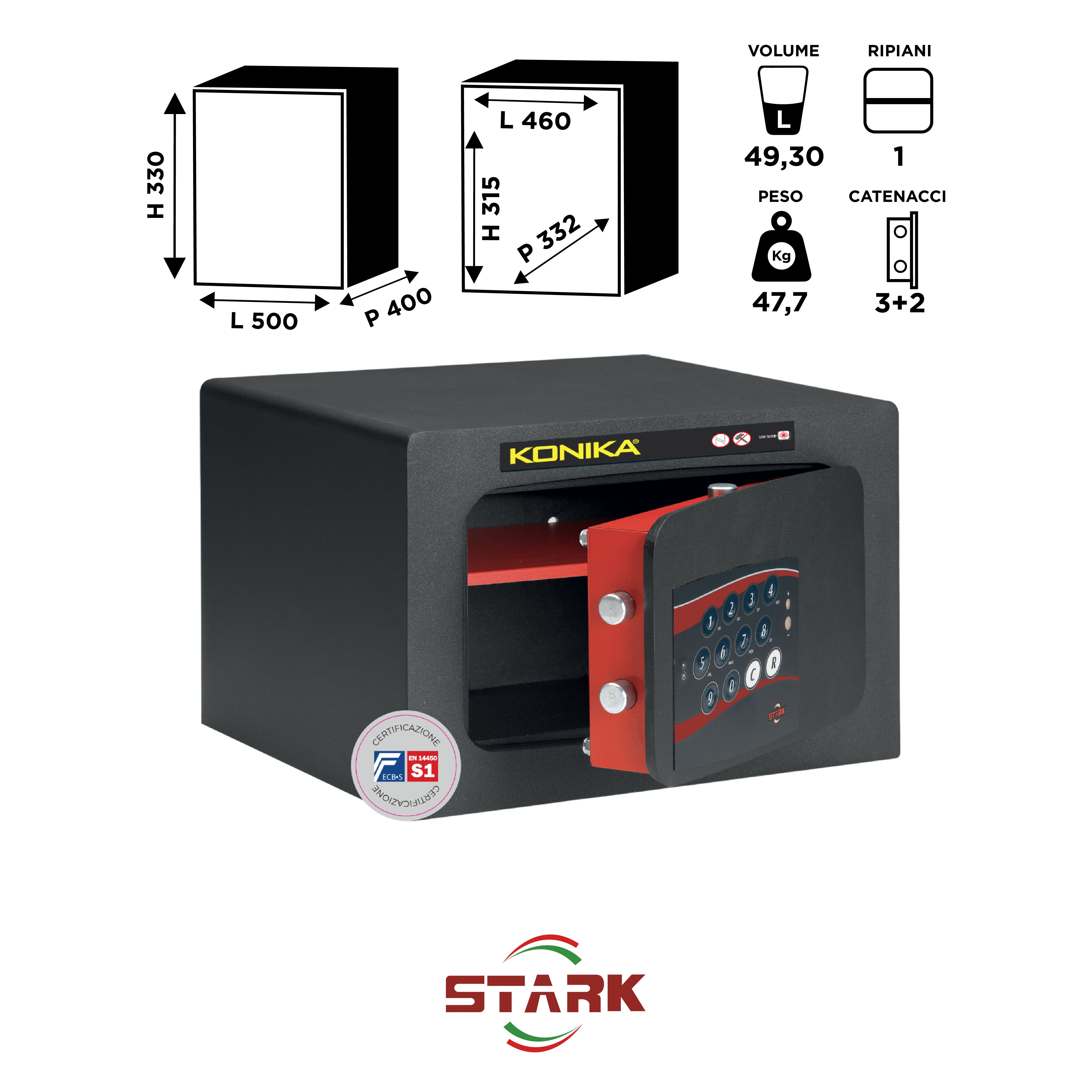 KONIKA Stark safes - Cassaforte a mobile Certificata S1 Serie 3250TKCE modello 3255TKCE