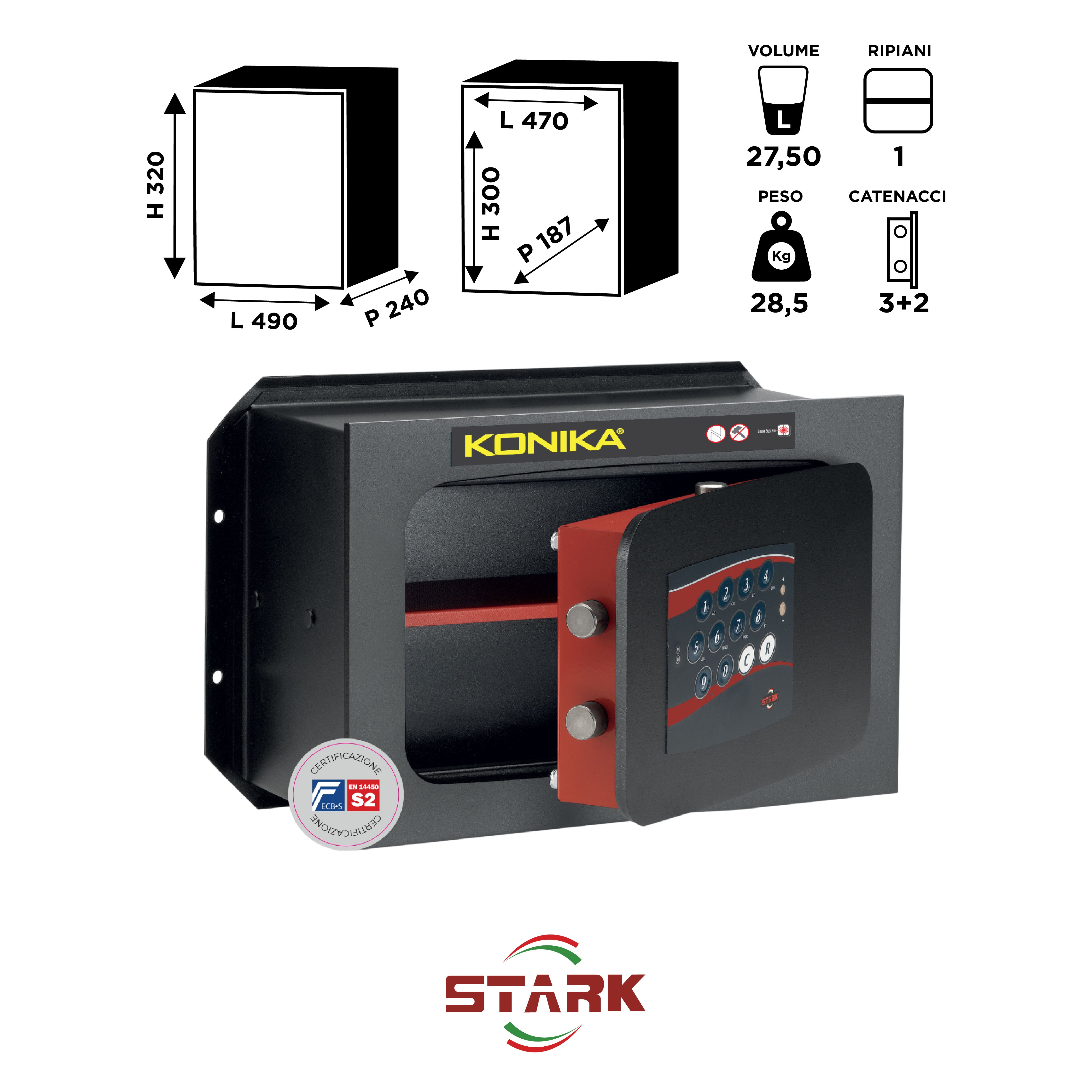KONIKA Stark safes - Cassaforte a muro Certificata S2 Serie 1250CE modello 1255PCE