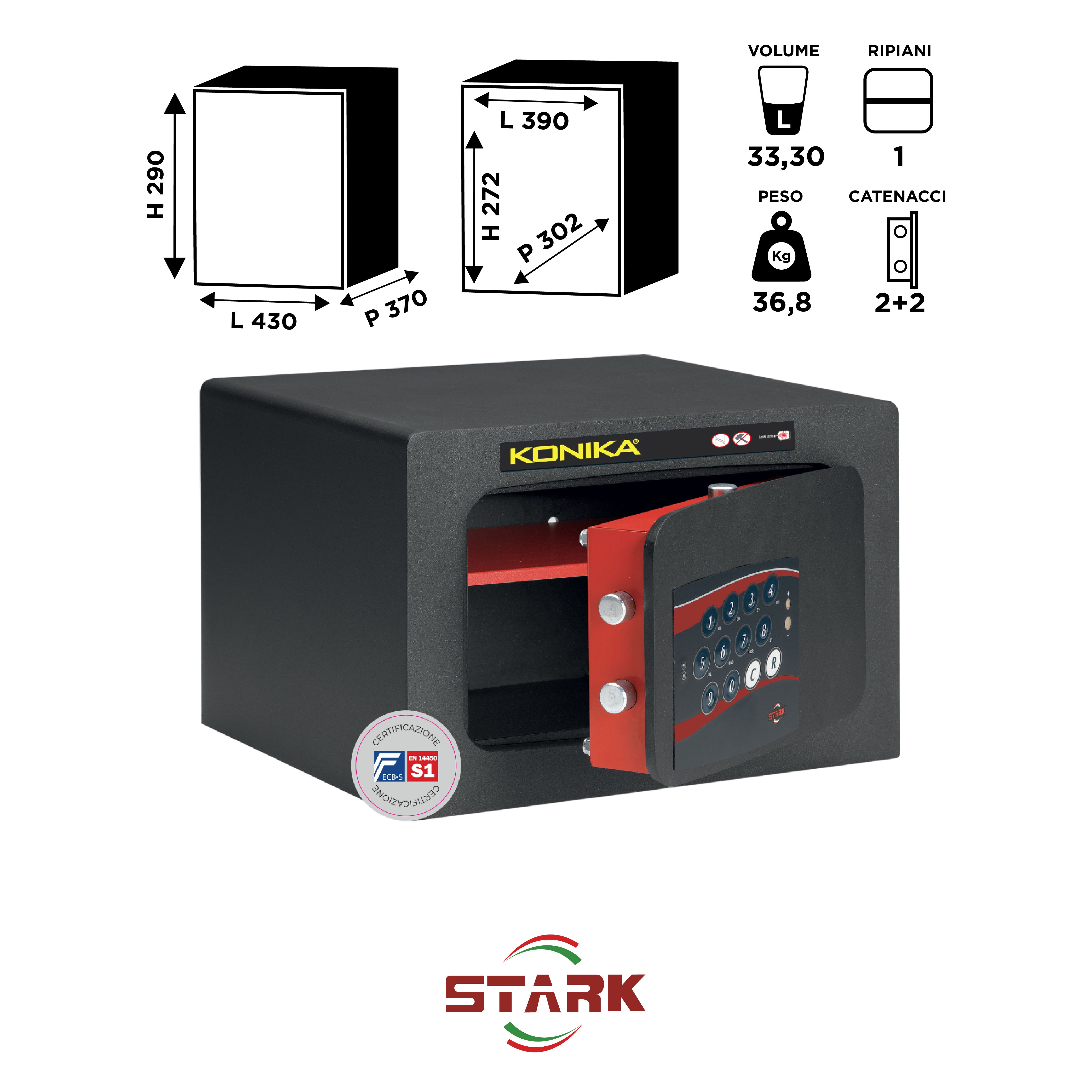 KONIKA Stark safes - Cassaforte a mobile Certificata S1 Serie 3250TKCE modello 3254TKCE